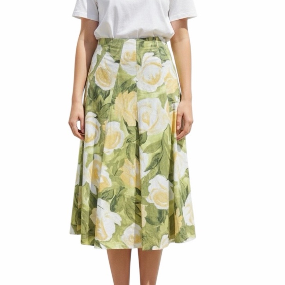 Premise Floral Linen Blend A-Line Midi Skirt Women’s Size 10